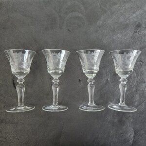 VTG Etched Cordial glasses, Elegant Etched Glasses, Possible Fostoria Glass, 4